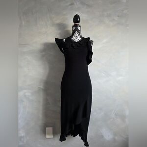 ALC Kellam Black Ribbed Cold Shoulder Ruffle Trim Stretch Knit Midi Dress Sz S
